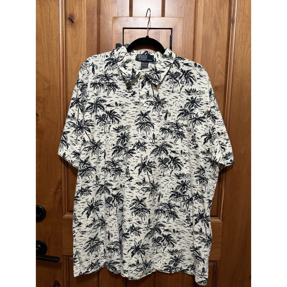Vintage Polo Ralph Lauren Mens Hawaiian Polo Shirt size XL Floral Palm Trees 90s
